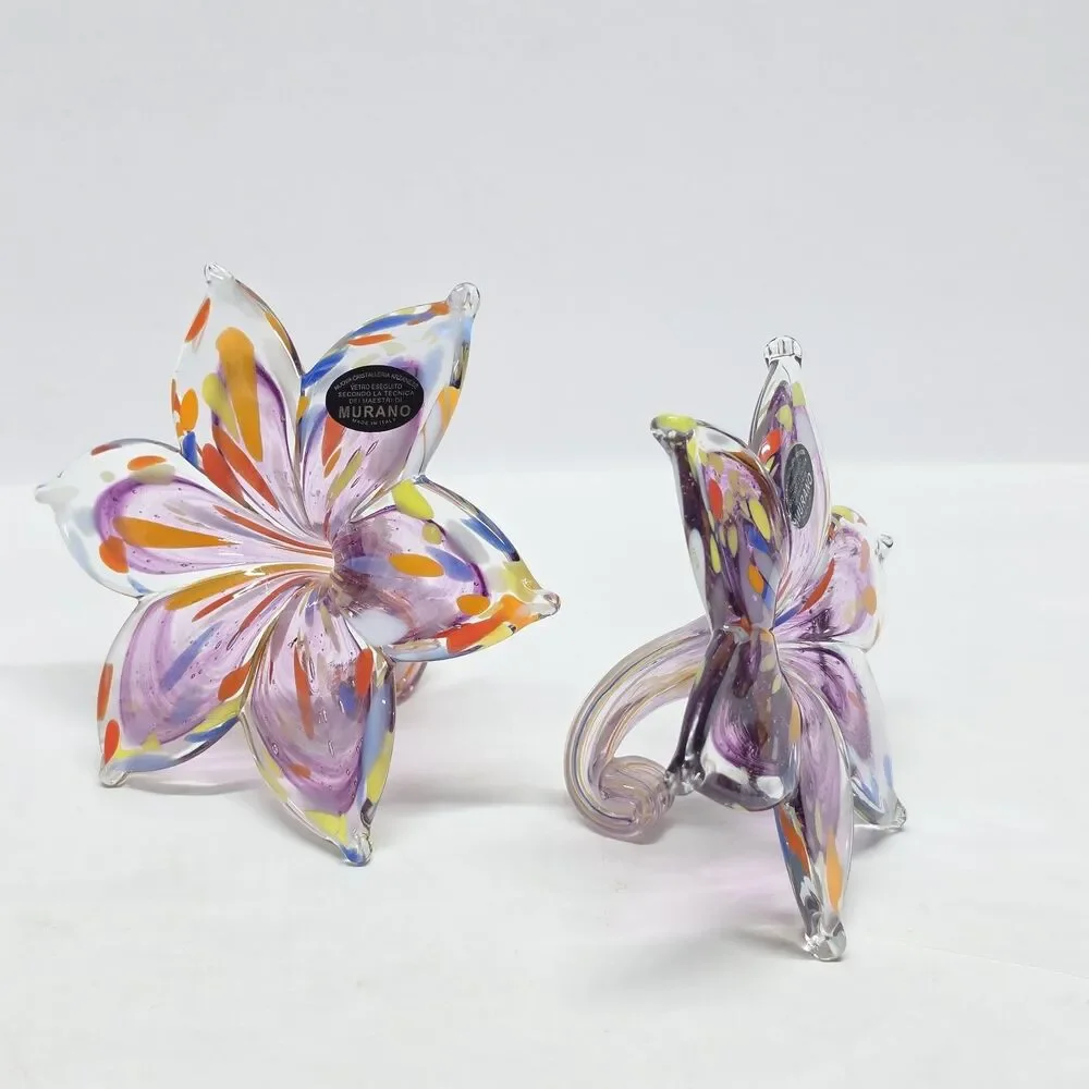 Murano Style Blown Glass Flower Set Of 2 Purple Clear Made in Italy New